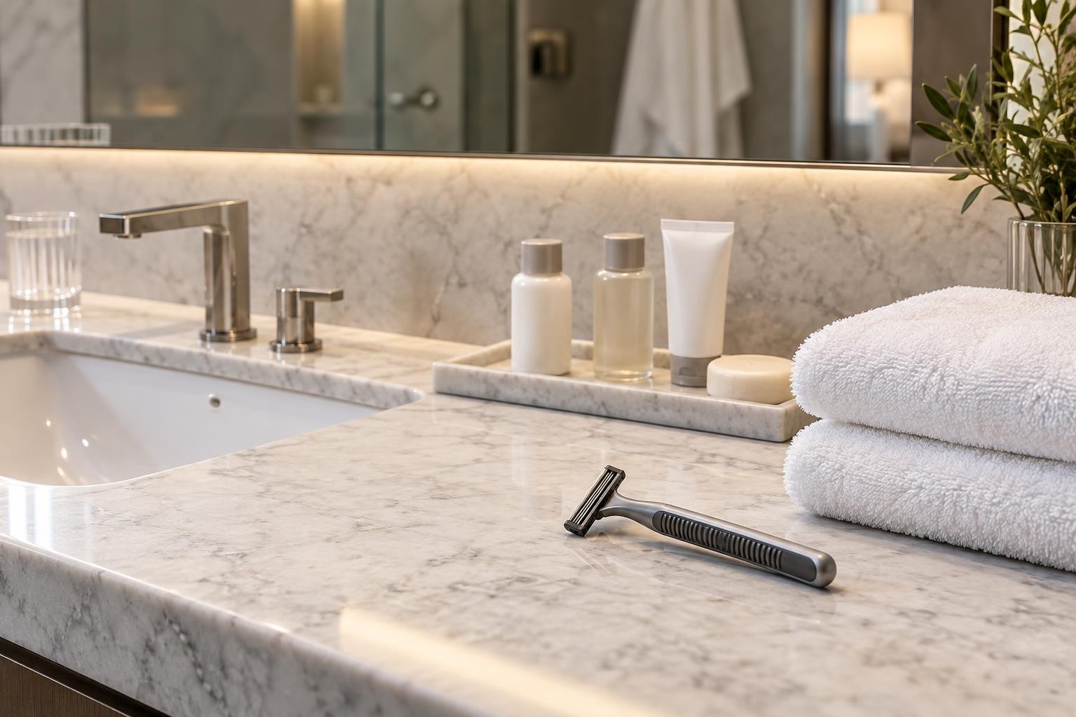 Disposable hotel razor beside folded towels on a bathroom counter